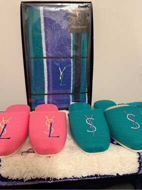 Yves Saint Laurent Pink & Teal Embroidered Logo Slippers, Handtowel, and Rug